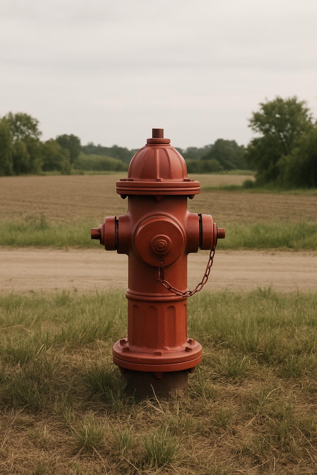 A red fire hydrant sits in a grassy field with trees on a cloudy day.