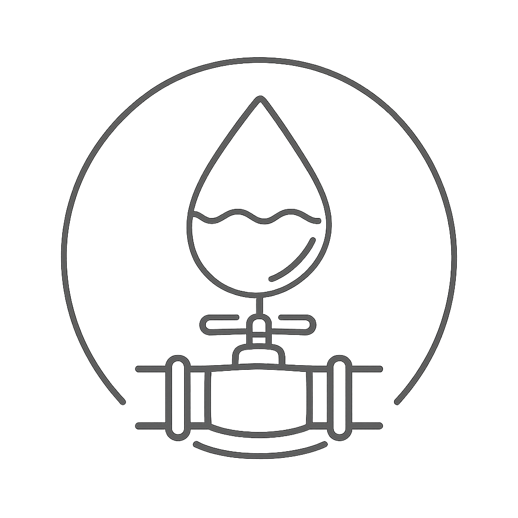 An icon of a water valve with a drop of water is placed in the middle of a gray circle.