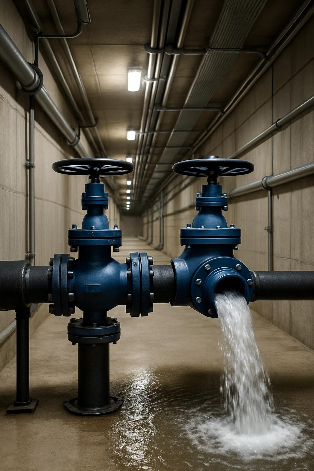 Alt text: Water flowing through pipes in a tunnel.